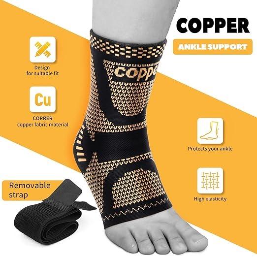 2PCS Copper Ankle Brace Adjustable Compression Sleeve (Pair)-Ankle Brace for Women & Men, Ankle Compression Sleeve Support Copper Infused Ankle Brace for Sprained Ankle, Plantar Fasciitis Sports, Achilles Tendonitis Pain Relief, Copper Black,