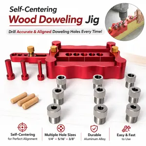 Self-Centering Doweling Jig Kit – Wood Drill Guide with 1/4, 5/16, 3/8” Sleeves for Precise Joinery