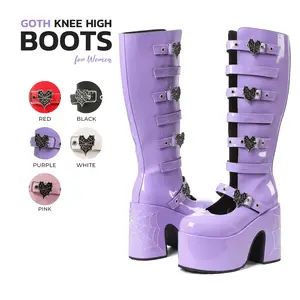 VIMISAOI Womens Platform Knee High Goth Boot Round Toe Chunky Block High Heel Metal Buckles Spider Combat Motorcycle Punk Rave Party Fashion Valentine Boots