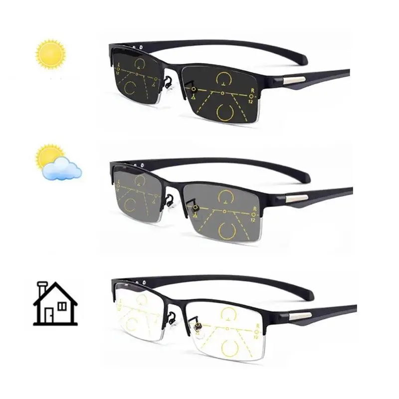 1 pair of fashionable casual photochromic color‑changing progressive multifocal reading glasses, rectangular design, TR temples, ultra‑elastic non‑pinch fit, metal hinges, strength from +1.00 to +4.00 diopters