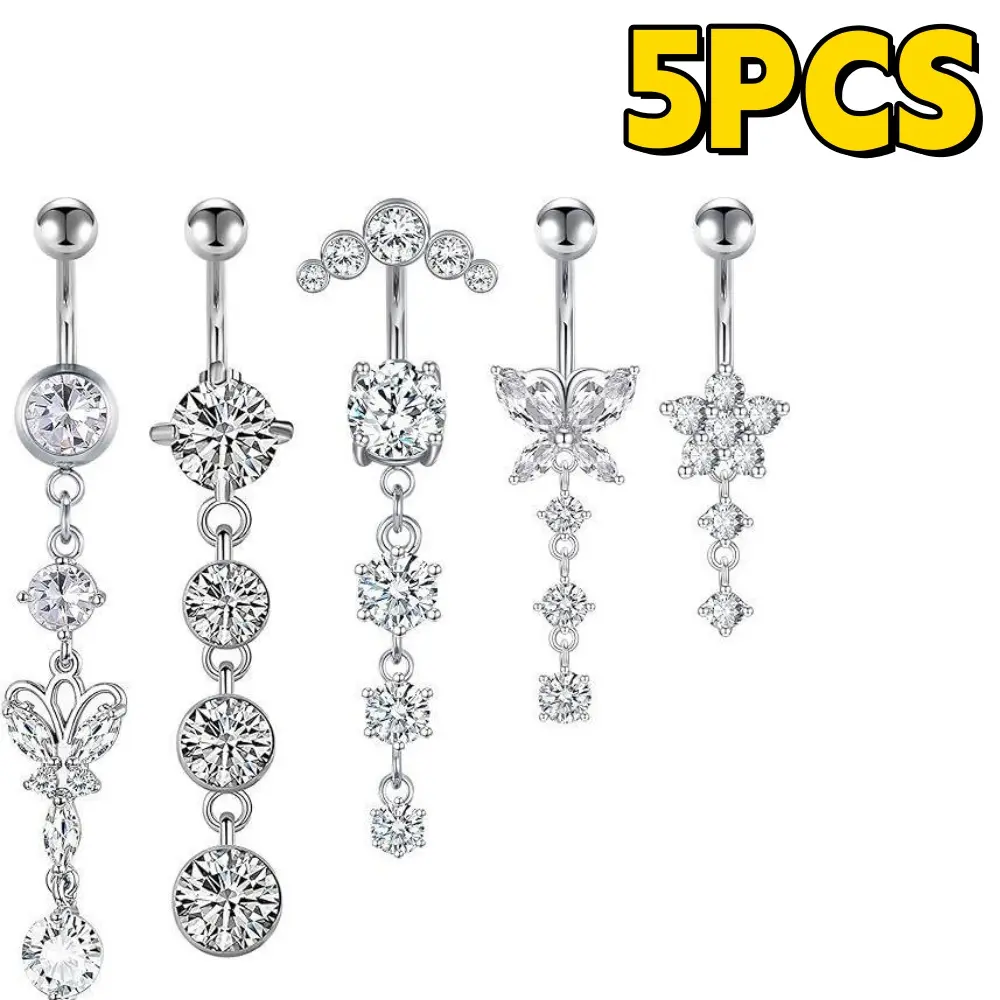 Women's 5pcs 14G Stainless Steel Belly Button Rings Set, Screw Bar Design with Synthetic Zirconia, Mardi Gras Themed Long Dangle Navel Jewelry for Party Gifts & Daily Wear