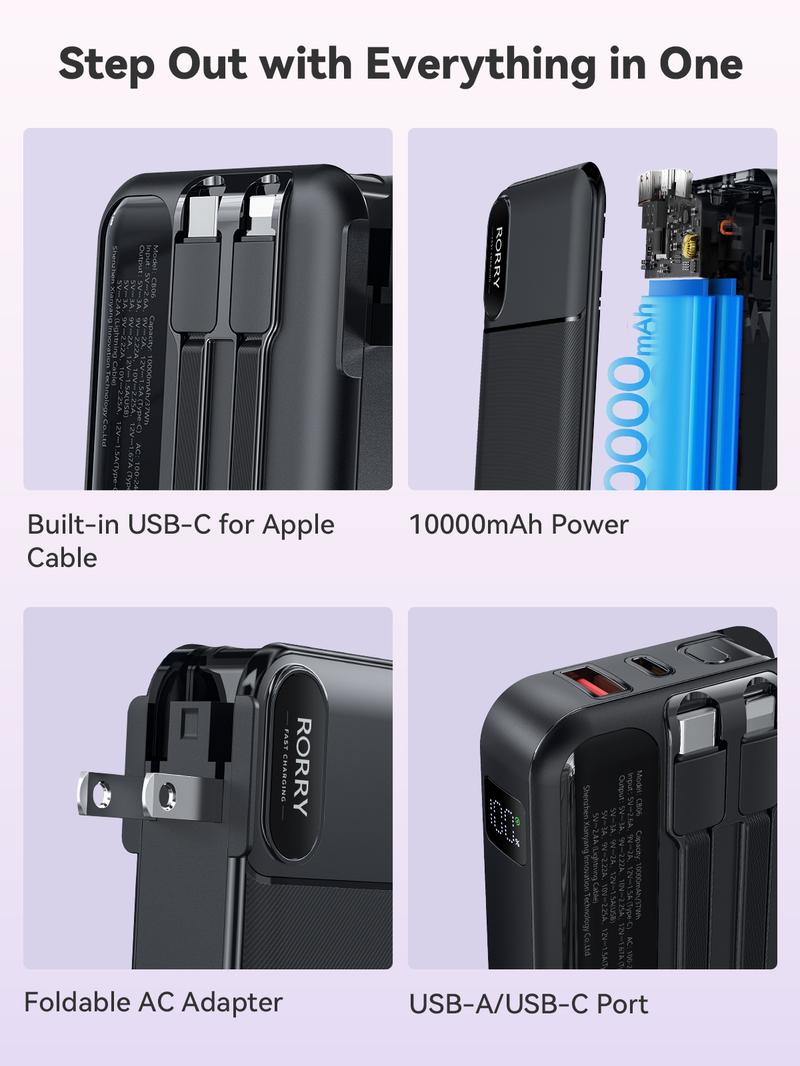 RORRY 10000mAh Portable Charger with Built-in Cables & AC Wall Plug 22.5W Fast Charging for iPhone Samsung Galaxy LG iPad Lightweight Power Bank Smartphone Compact Battery Packs Foldable   valentinesdaygiftideas