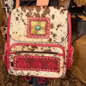 ️ Cowhide & Pink Tooled Leather Western Backpack