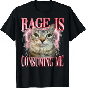 Silly Staring Cat Meme Rage Consumes Me Funny Summer Casual Shortsleeve Cotton T-Shirt