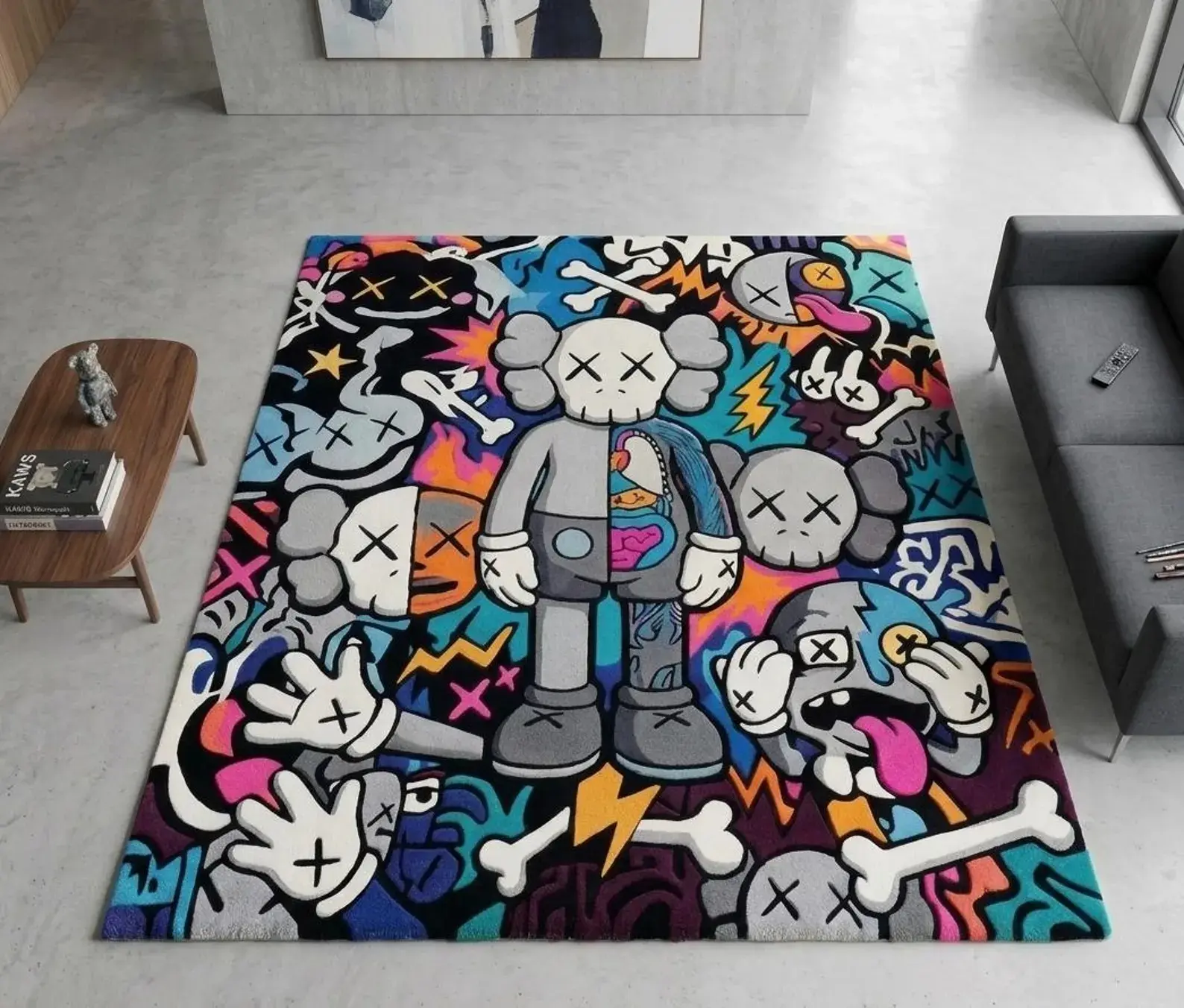 Large KAWS Area Rug, Colorful Street Art Design, Luxury Hypebeast Home Decor