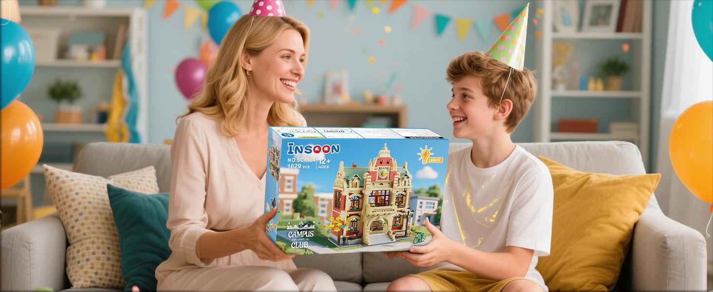 University Club House Building Set with Light,1629PCS City Campus Architecture Model with Painting Drama Baking Music Club, Home Decor Construction Building Block Gift for Adults Boys Girls 12+