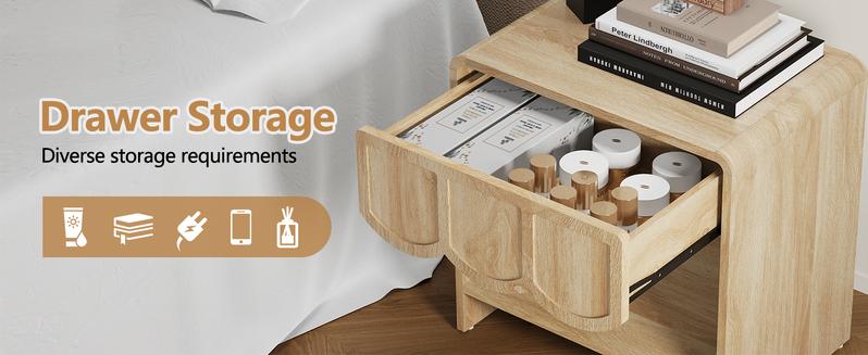 Giratree Small Night Stand, Mid Century Modern Farmhouse Wood Nightstand with Wave Panel Drawer, Bed Side End Table for Small Space, Living Room