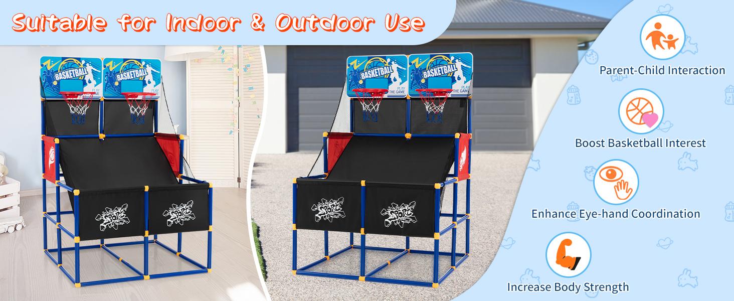 Costway Kids Basketball Arcade Game, 2 in 1 Indoor Outdoor Basketball Game Set w/Electronic Scoreboard & Sound Effect & Sticky Balls, Basketballs, Toy Gift for Toddlers Children Boys Girls