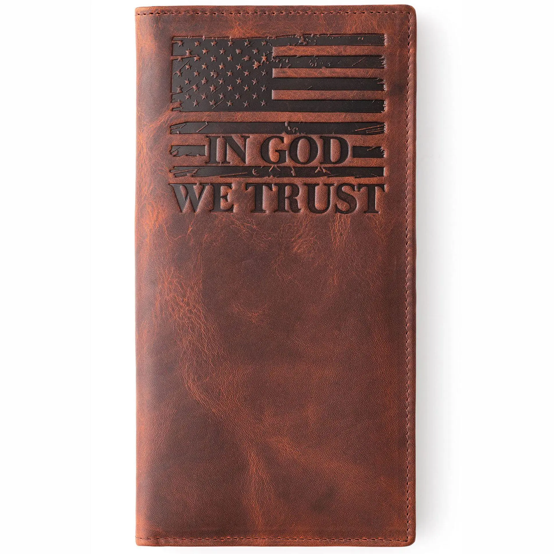 Mens Wallet - Patriotic American Flag Cow Hide Composite Leather Long Bifold Checkbook Cover for Men, 9 Card Slots, RFID Blocking, Thumb Hole Cut-Out for Easy Removal, Holiday Accessory, Cowboy Wallet, Casual Wallet