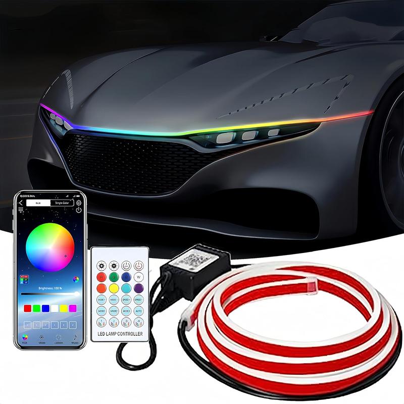 APP-Controlled RGB Dynamic LED Car Hood Light Strip, 1 Count Dynamic Scan Start Up Light Strip with Instruction & Remote Controller, Waterproof Flexible Car Decorative Lights