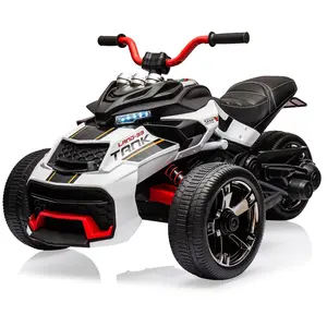 12V Kids Ride On ATV, 3 Wheeler Motorcycle, Rechargeable Battery-Powered ATV Toy Car with Music, Realistic Headlights for Boys and Girls, White