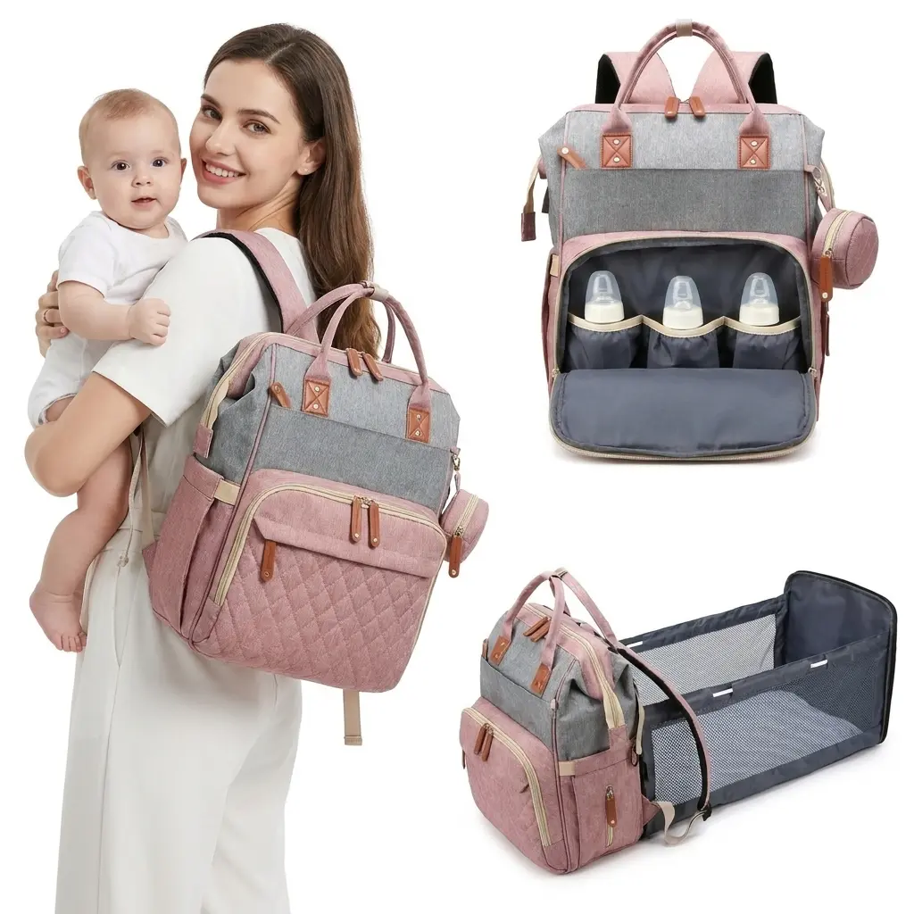 Travel Baby Diaper Bag Backpack 3-in-1 Foldable Bassinet USB Port Insulated Pockets Waterproof Large Capacity Diaper Bag for Newborn Infant Mom Dad