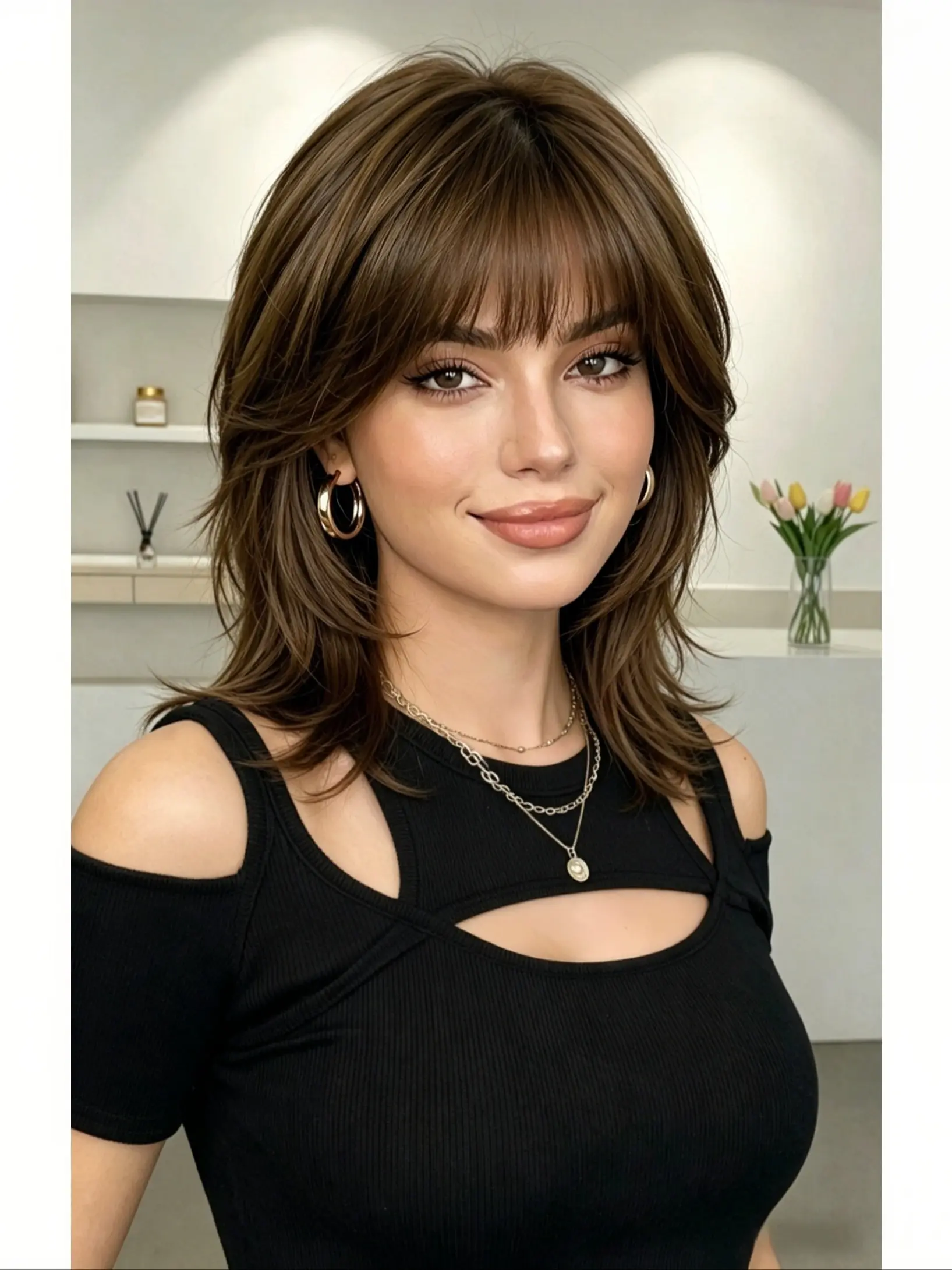 MIXPOP Brown Layered Short Wigs with Bangs, Short Shoulder Length Synthetic Wigs for Women, Natural Textured Straight Hair Wig, Heat Resistant Daily Party Cosplay Wig, Synthetic Material Wigs