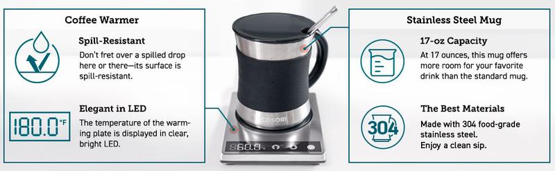 COSORI Coffee Mug Warmer & Mug Set, 17oz, Touch Control, LCD Display, 304 Stainless Steel, Home & Office, Perfect for Coffee Lovers