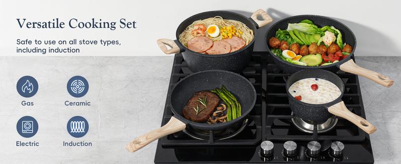 SODAY 12pcs Pots and Pans Set Non Stick Kitchen Cookware Sets Induction Cookware Nonstick Granite Cooking Set with Frying Pans, Saucepans, Kitchenware,stock up on specials,Valentines Day gifts