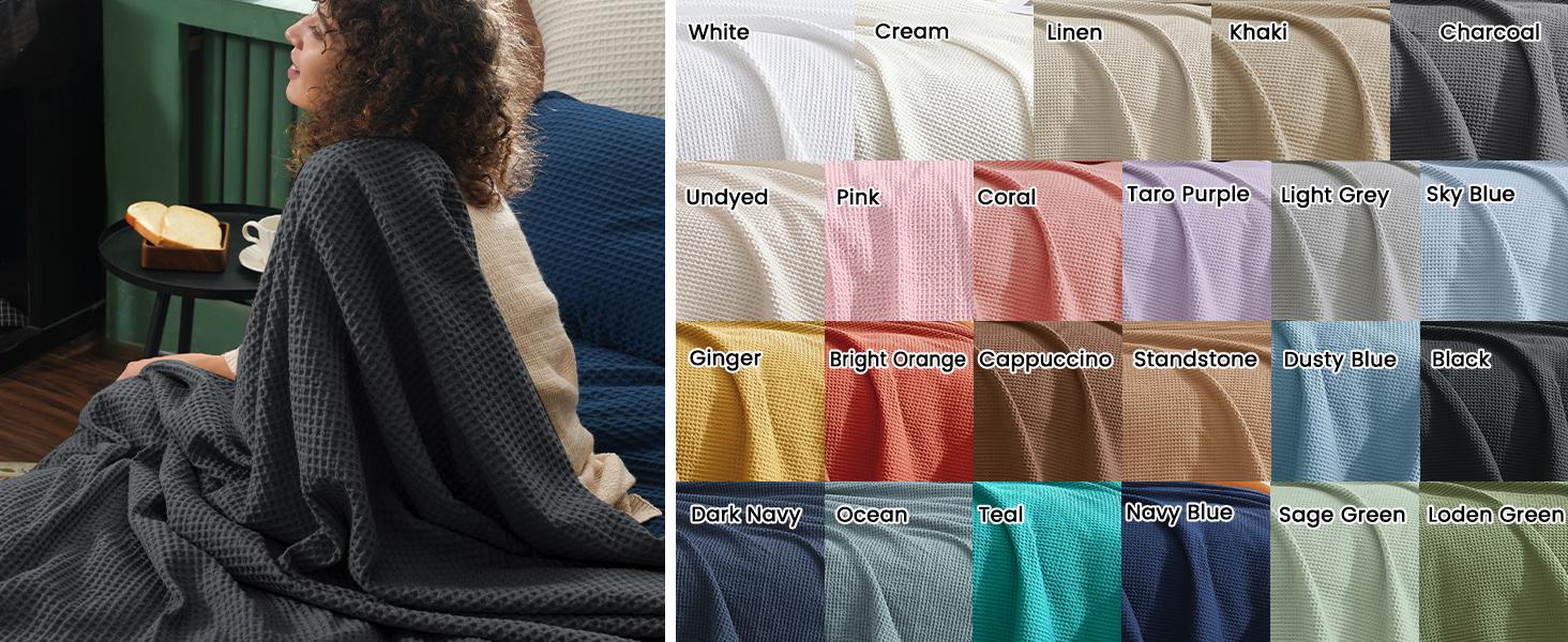 PHF 100% Cotton Weave Waffle Blanket, Aesthetic Soft Woven and Breathable Blanket for Bed Sofa Home Decor for All Seasons, New Year Gift