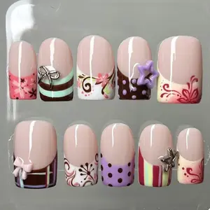 Handmade Retro Candy Press On Nails,  Bows, Stars, Polka Dots & Floral Swirls, Short Square Nails For Cute Y2K Vibes