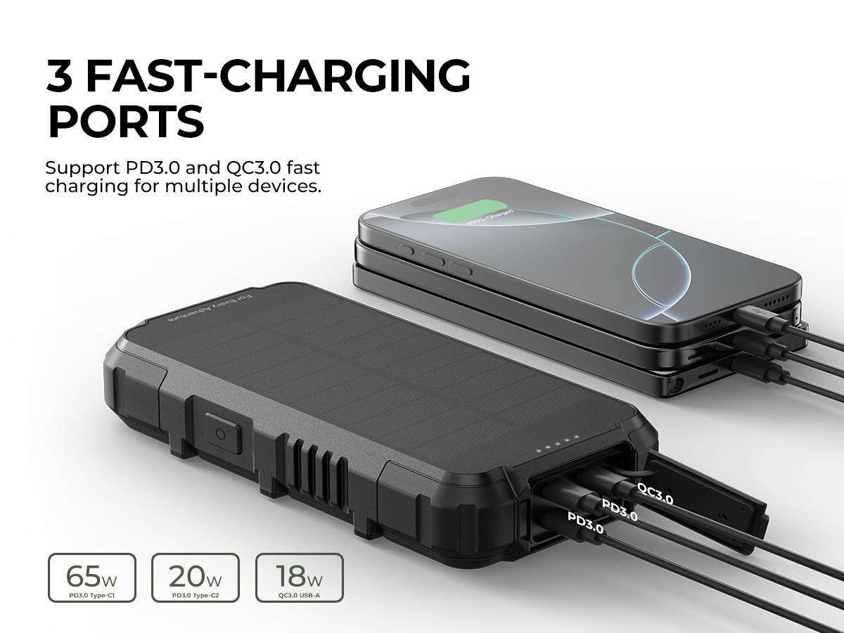 Dexnor 27,000mAh Solar Power Bank Portable Charger, Fast Charging External Battery Pack with LED Flashlight, 3 Ports & Wireless Charging for Phone, Tablets, Laptops for Camping, Travel & Emergency