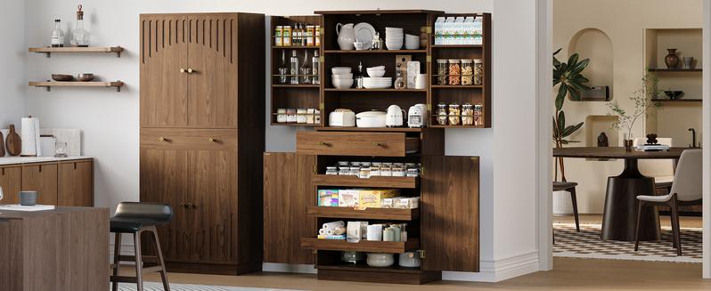 IRONCK 72” Tall Kitchen Pantry Cabinet, Farmhouse Pantry with 2 Pull Doors and Drawer Organizing Board Storage for Home Kitchen Dining Room