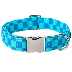 Maca Bates Blue Checkered Dog Collar, Adjustable Cotton Plaid Metal Buckle Dog Collar for Small Medium Large Girl Boy Dog Breeds
