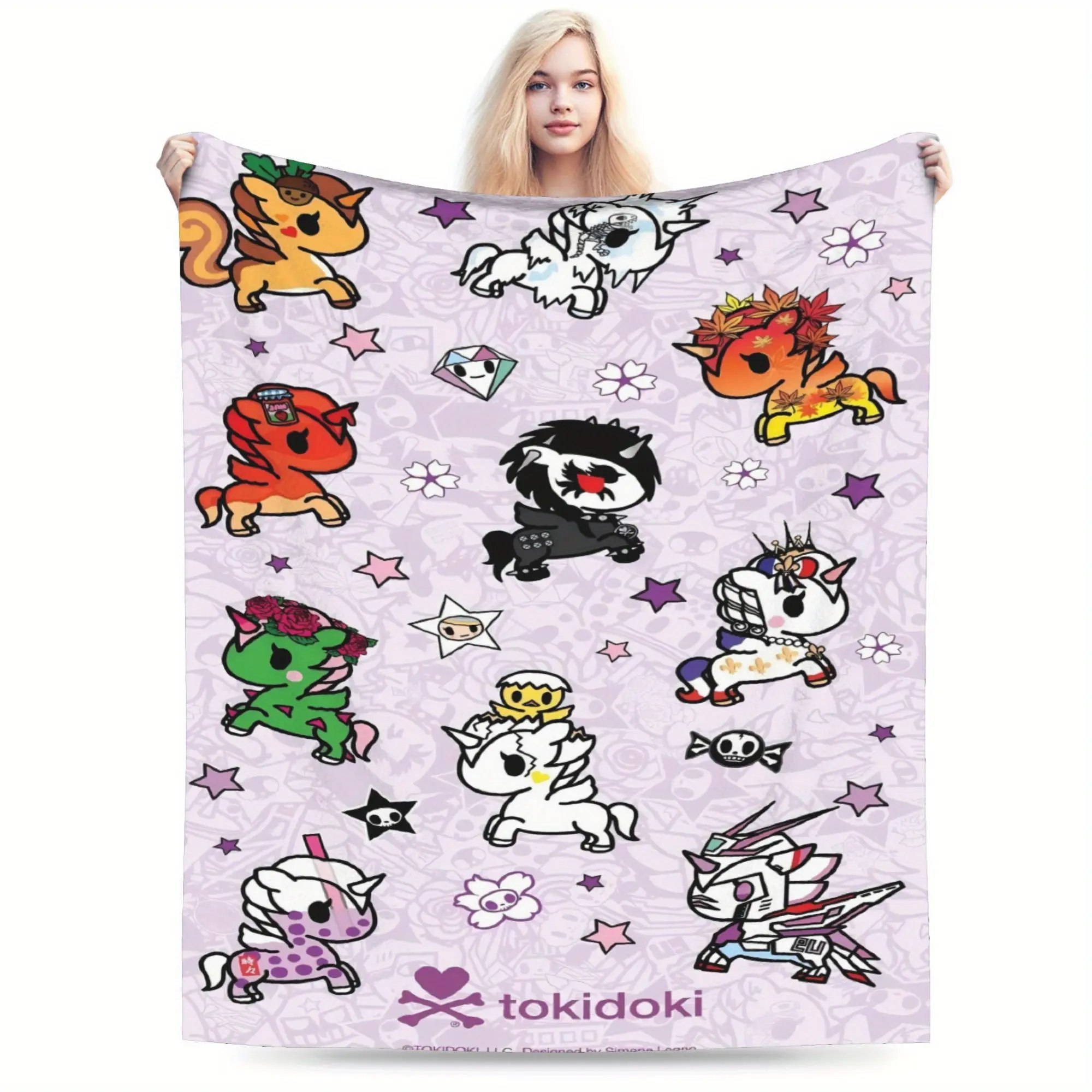 tokidoki Anime Character Flannel Blanket - Soft Purple Starry Design with Multiple Whimsical Characters, All-Season Cozy Throw for Home, Office & Anime Fans 118