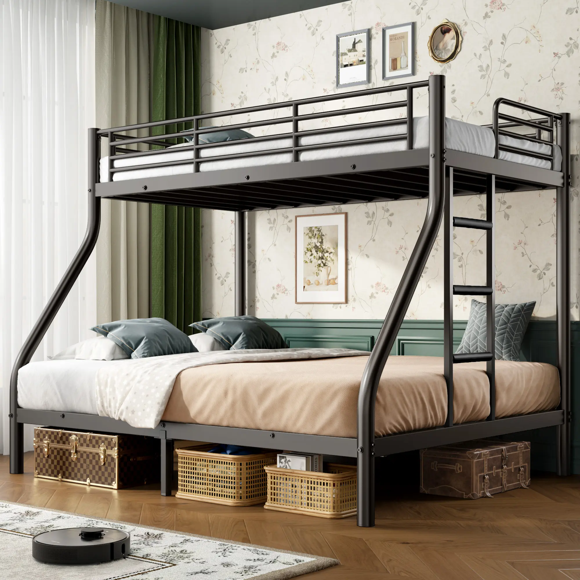 Soges Twin XL over Queen Metal Bunk Bed Frame Heavy Duty Sturdy Black/White Bunkbed for Adults Teens, High Weight Capacity Safe Sleep Solution with Under-Bed Storage, Space Saving Durable Steel Frame, Easy Assembly