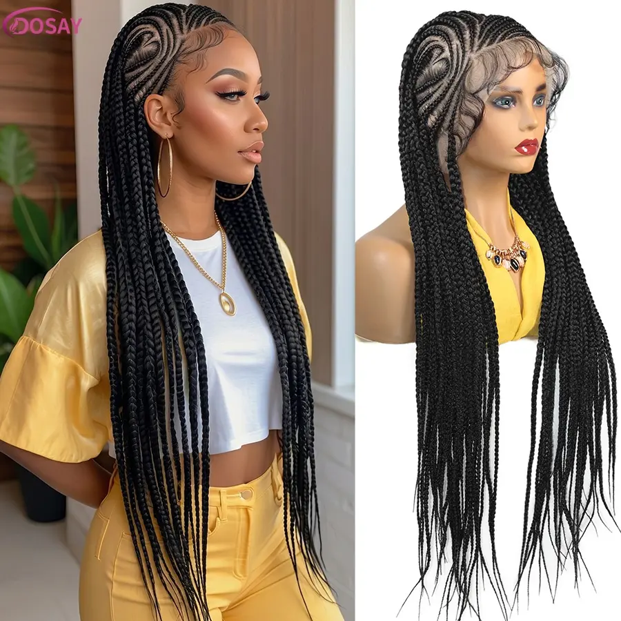 Synthetic Fulani Braided Wig 36'' Long Transparent Full Lace Box Braids Locs Goddess Cornrows Braiding Hair Wig For Black Women