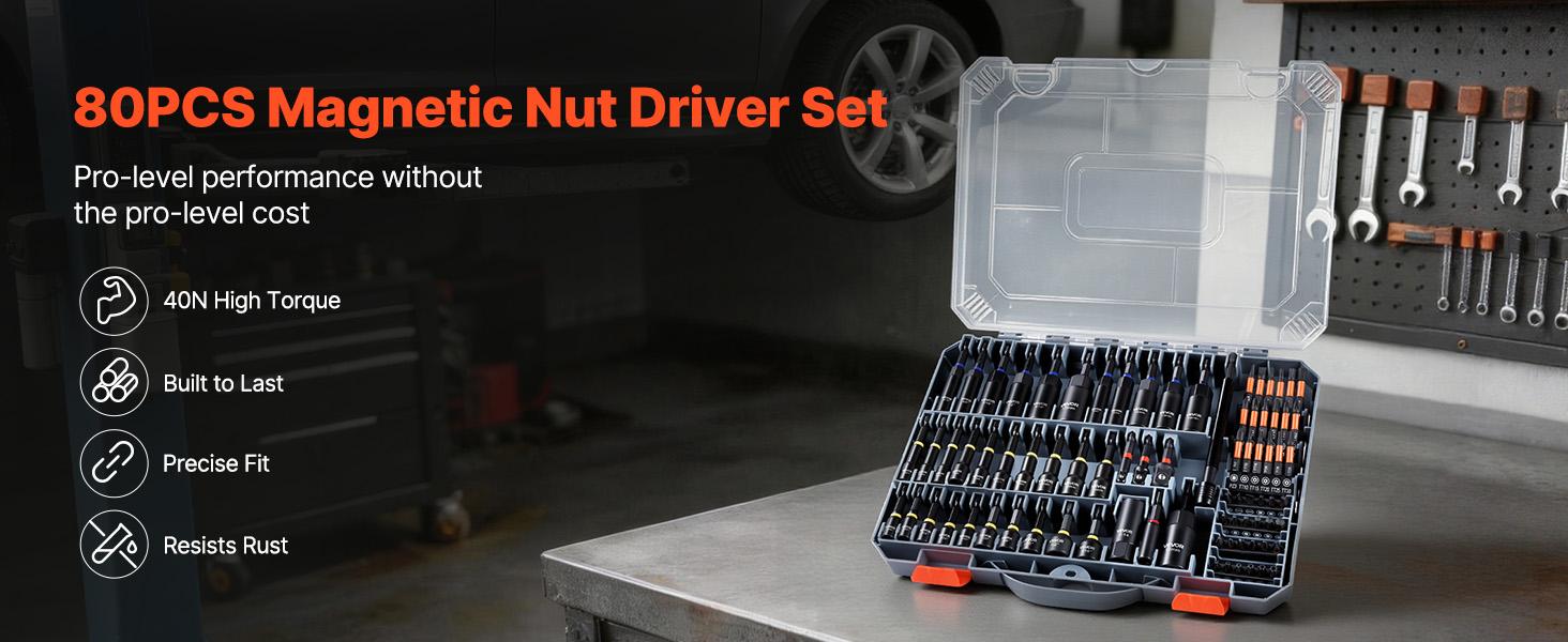 【summerfinds】VEVOR 80-Piece Premium Magnetic Impact Nut Driver Set, Metric & SAE Sizes, with Socket Adapters, Bit Holder, Wing Nut Driver, Universal Sockets, Quick Release Extension, Power Bits, Storage Box