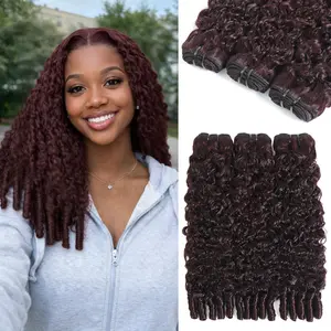 ALHER Dark Burgundy Burmese Curly 1/3 Bundles Human Hair, 15A 99J Water Wave Burmese Curly Bundles with 3c4a Water Wave Spiral Curly End Wine Red Colored Weft 100% Unprocessed Brazilian Raw Hair Extension