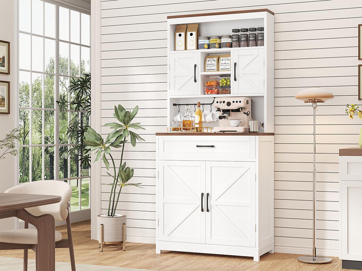 69.3" Tall Farmhouse Kitchen Pantry Cabinet with 2 Barn Doors 1 Drawer & Storage Shelves Wide Countertop Charge Holes for Buffet & Kitchen Hutch