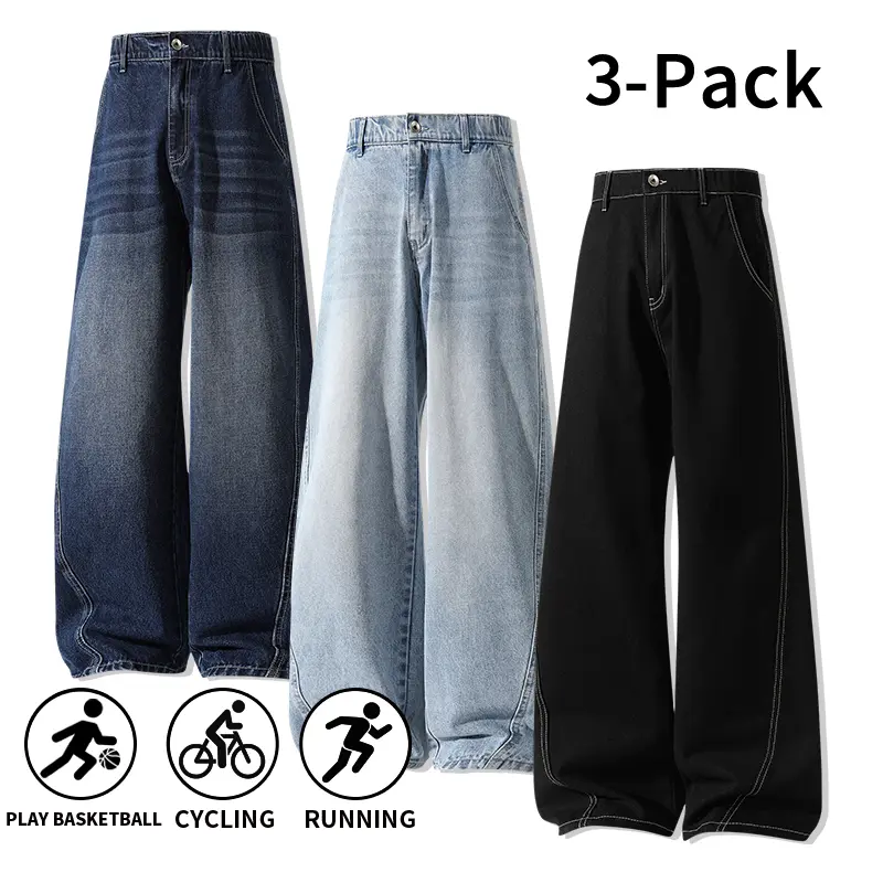 Menswear 3-Pack Men’s Washed Wide-Leg Jeans, Elastic Back Waist, Casual Stylish Loose Straight-Cut Retro Denim Trousers,Trouser