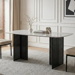 Modern-Style Rectangular Tempered Glass Dining Table for 6, Featuring a Marble-Patterned Design with Golden Hollow-Out Metal Legs, an Ideal Dining Table for Living Rooms and Home Offices