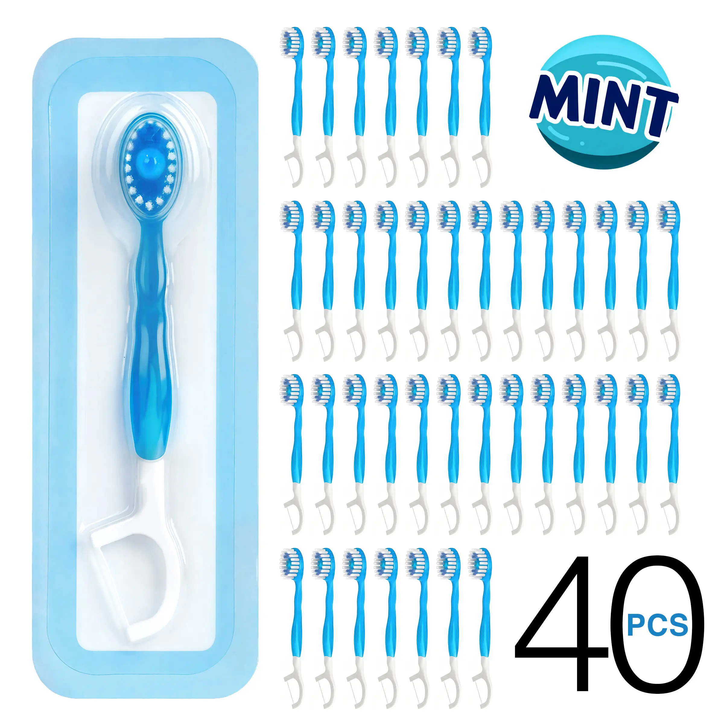 Disposable Travel Toothbrush, Toothbrush Kit, 40pcs 5 In 1 Pre-pasted Toothbrush & Floss & Pick & Tongue Scraper, Portable Pack for Travel, Breath Freshener Bead with Ice Flavor, No Water Or Rinsing, Floss Glide Easily, Mouth Hygiene Teeth Cleaning Tool