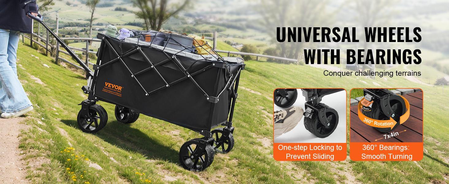 VEVOR Collapsible Folding Wagon, TikTokShopBlackFriday, 220 L Beach Wagon Cart with All-Terrain Wheels, Heavy Duty Folding Wagon Cart Max 330 lbs with Drink Holders, Sports Wagon for Camping, Shopping, Garden