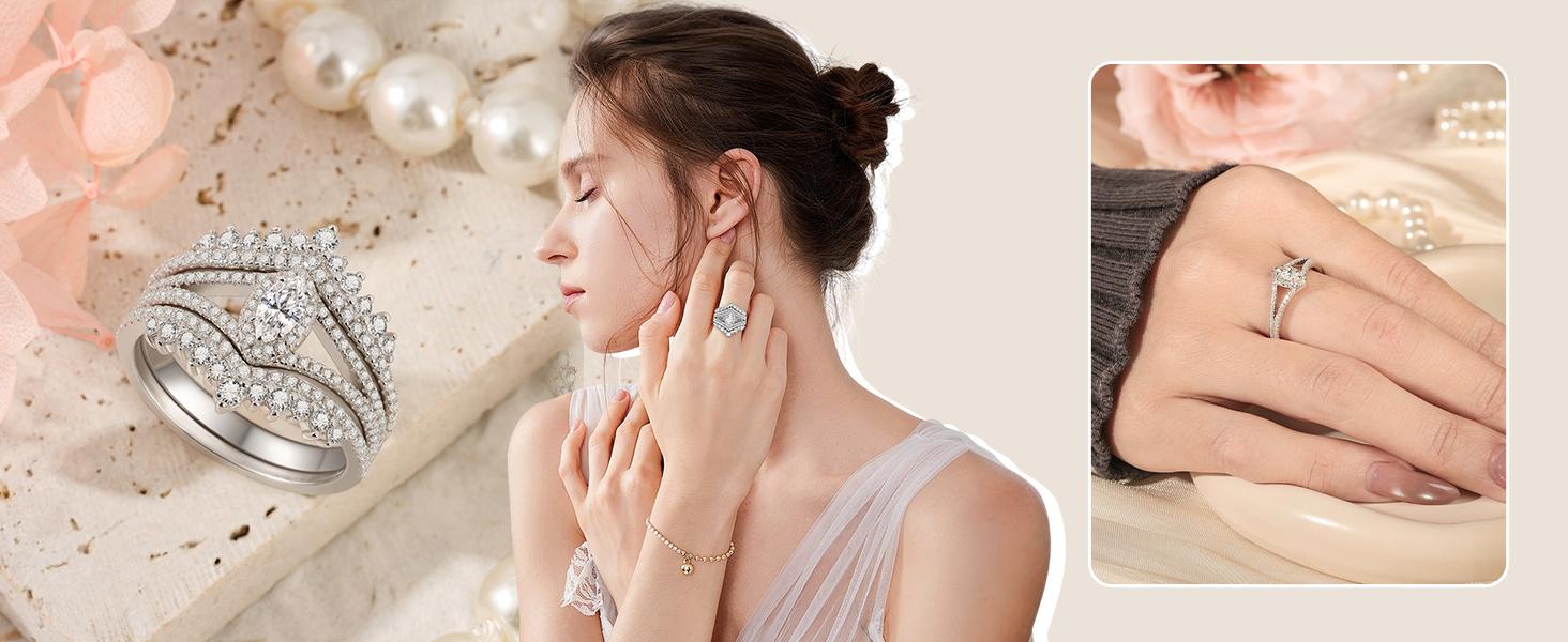 Jeulia Marquise Cut Moissanite Engagement Ring Bridal Set for Women | D Color VVS1 925 Sterling Silver 2-Piece Wedding Promise Ring Set | with GRA Certificate & Gift Box, Gift for Her