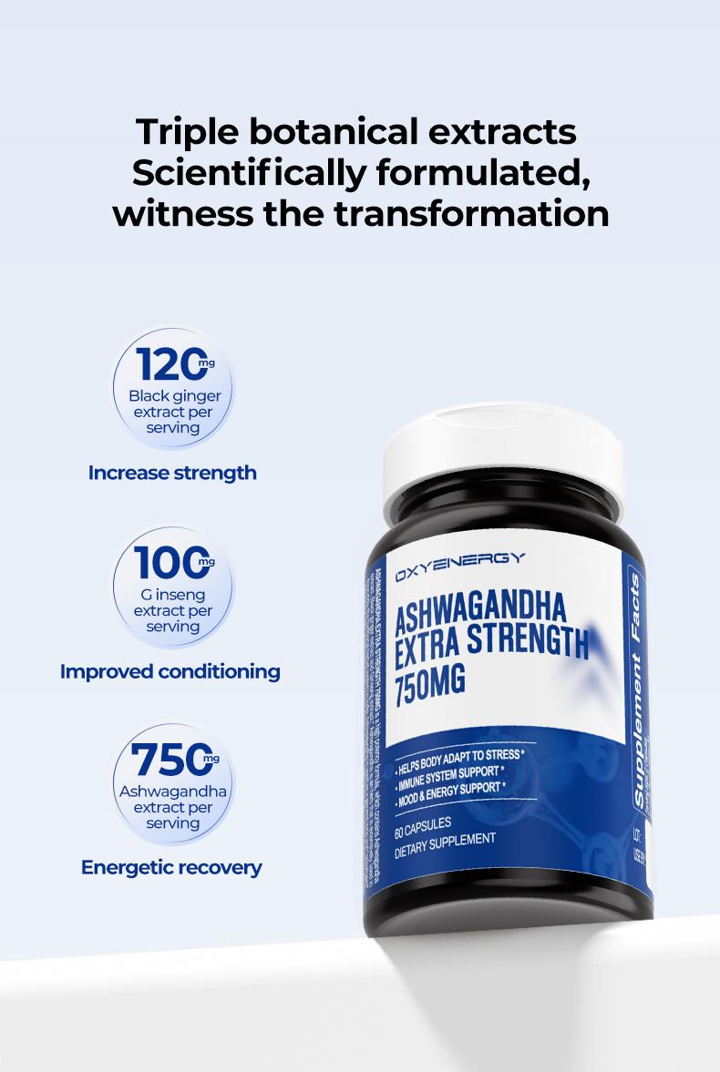 Oxyenergy Ashwagandha,for Cortisol Balance,Mood,Stress and Energy Support,750mg High Potency Extra Strength,60 capsules/bottle Fitness