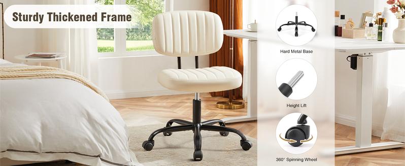 Armless Desk Home Office Low Back Vanity Lumbar Support, Adjustable Height 360° Rolling Swivel Computer Task Chair Without Arm for Small Space