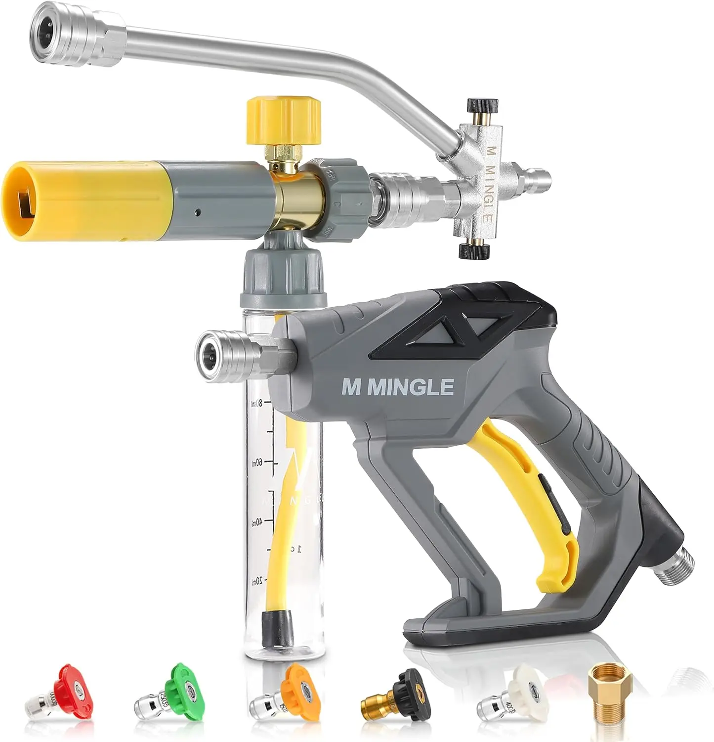 M MINGLE Pressure Washer Wand Foam Cannon Kit with Foam Cleaner Spray - 1/4"-Quick Connect Sprayer, Dual Connector Accessory, Undiluted Blaster, 5 Nozzle Tips for Car Wash, Patio Cleaning, Foam Lance, 100 Ml Bottle