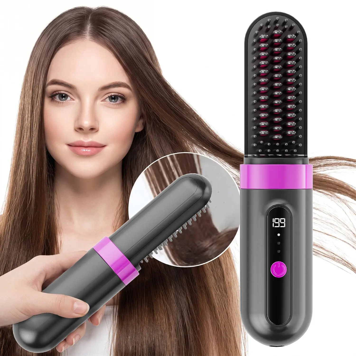 Portable Cordless Heated Hair Brush - 1-in-1 USB Type-C Powered Straightener Comb, 60 min run, Heat Resistant, Keratin Teeth, 1-Button Control, LED Display, Safe Mode, Anti-Scald Sohochic Styling Tool for Home, Travel, Hair Straightening Brush, Comb Heate
