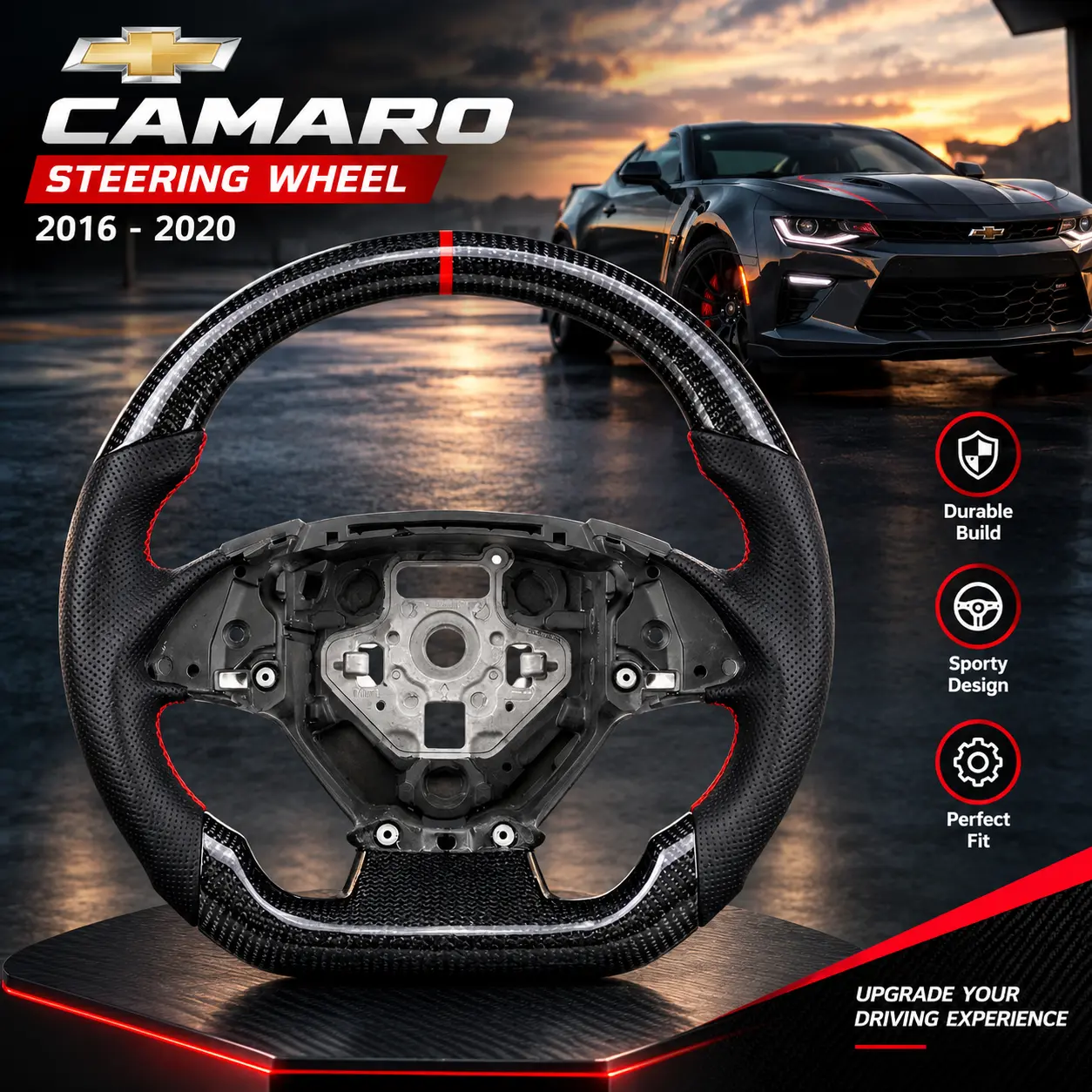Custom Sports Performance Steering Wheel Replacement for 2016-2020 Chevrolet Camaro, Carbon Fiber & Leather, Multiple Finishes, Custom Look, Interior Upgrade, Airbag Not Included