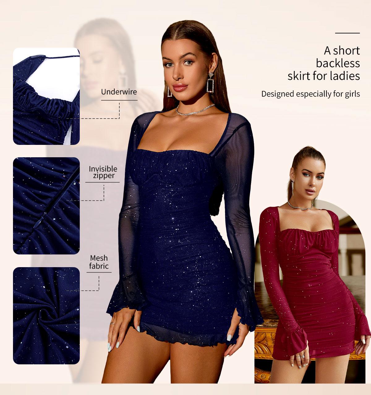 Parthea Red Sequin Mesh Ruched Bodycon Dress with Long Sleeves Square Neckline & Back Tie Design for Romantic Dates & Evening Events