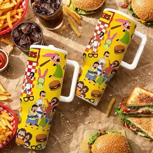 40oz Tumbler Burger Family Cartoon Insulated Tumbler With Handle And Lid, Funny Food Lover Animation Design, Double Wall Stainless Steel Travel Mug For Hot Cold Drinks, Leak Proof Large Capacity Cup, Aesthetic Gift For Burger Fans, Home Office Daily Use
