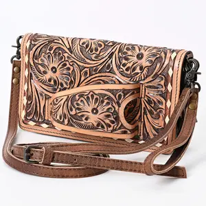Western Tooled Leather Clutch Bag with Floral Carving and Premium Genuine Leather