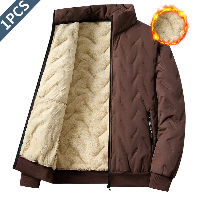 Men's Sherpa Lined Thickened Jacket - Winter Warm Coat with Stand Collar, Full Zipper Design, Windproof Outer Layer, Side Pockets, Stretch Cuffs & Hem, Suitable for Casual Outings loose fit outerwear classic solid color