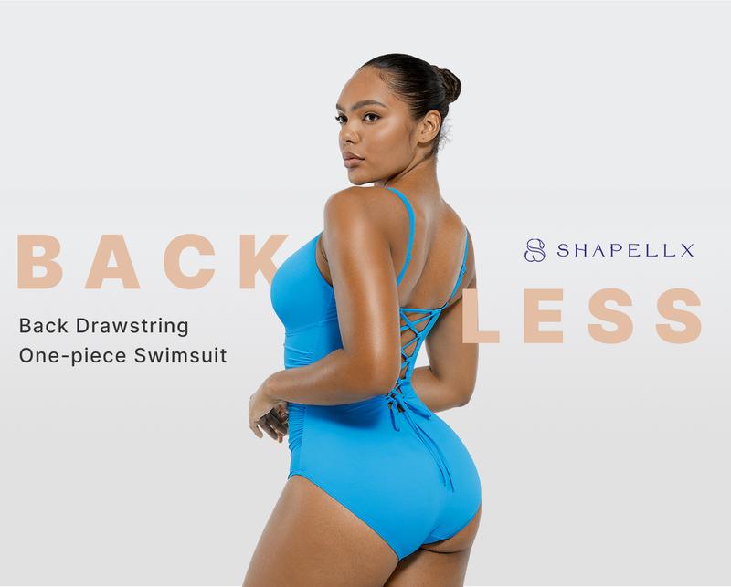 Shapellx Women's Back Drawstring One-piece Swimsuit V-neck Elastic Triangle-Cut Bottom Customizable Shoulder Band Removable Chest Pads Swimwear