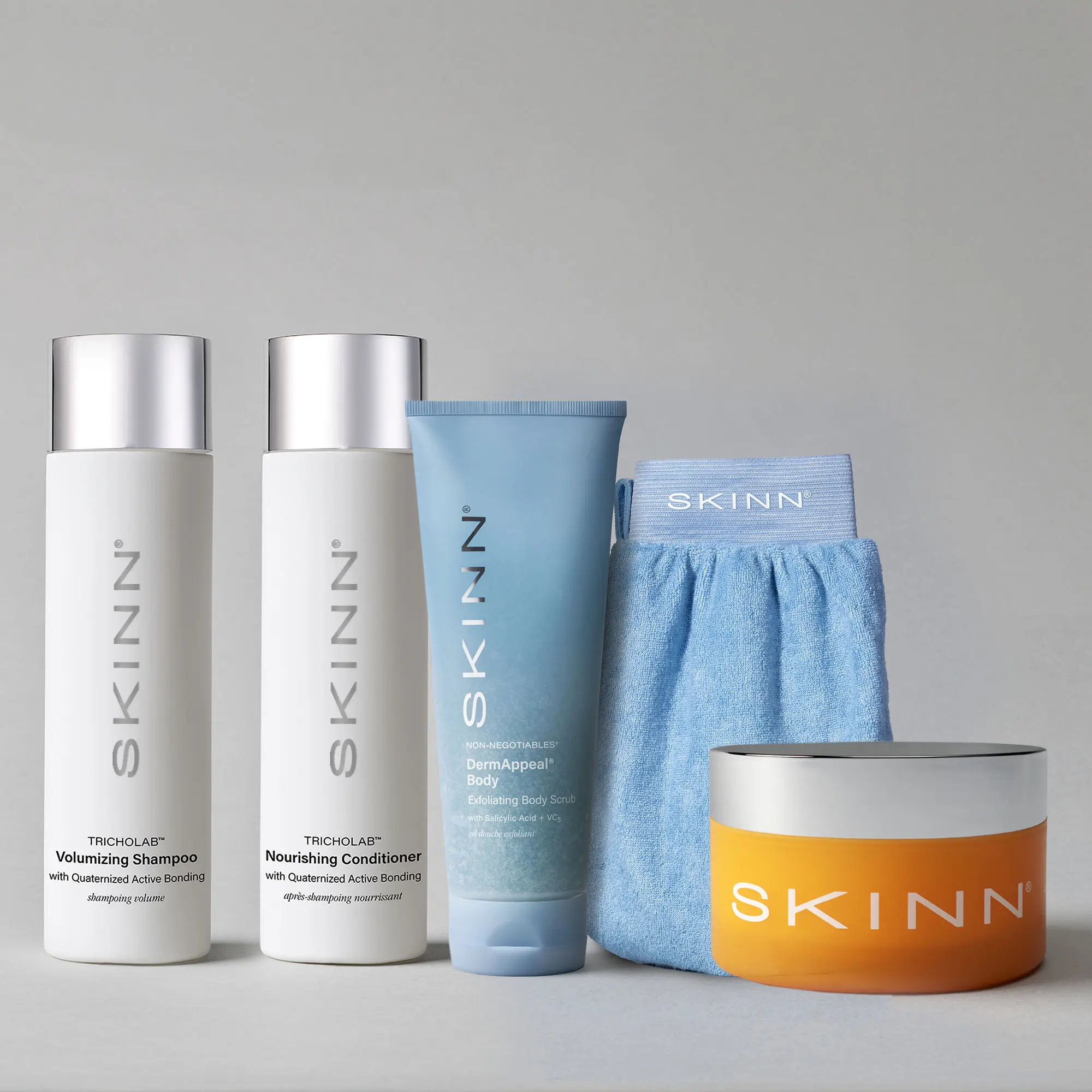 SKINN Cosmetics: The Everything Shower Kit | Shampoo + Conditioner + DermAppeal Body + Luminous Body Butter+ Terry Cloth Mitt