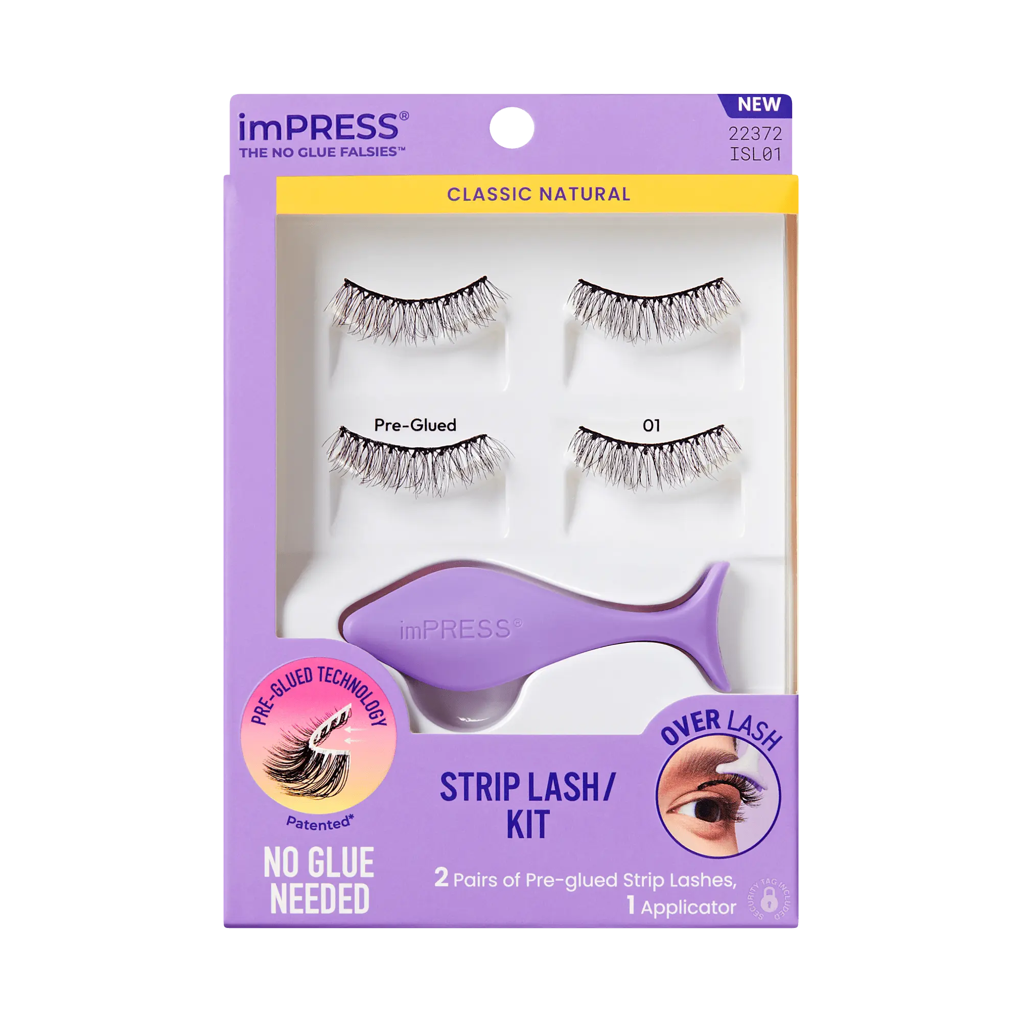 Impress Falsies Pre-Glued Strip False Eyelashes Starter Kit - Classic Natural | 2 Pairs, With Applicator, 12mm