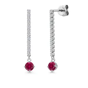 Gem Stone King 14K White Gold Round 4MM Gemstone Birthstone and White Lab Grown Diamond Long Liner Dangle Earrings for Women | White Gold Chain Drop Earrings