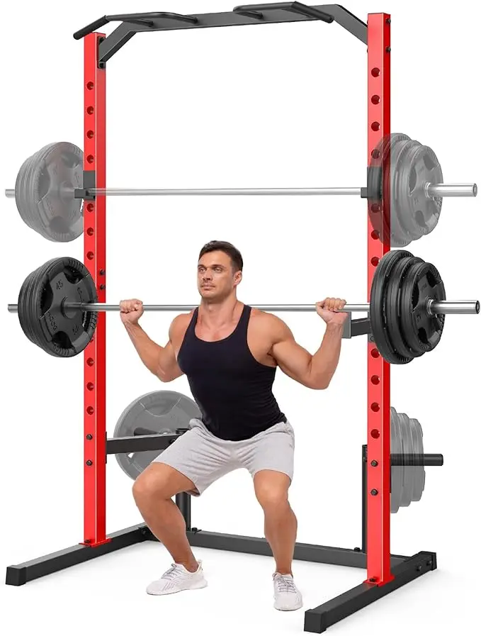 OppsDecor 800LBS Adjustable Multifunctional Squat Rack Power Cage - Steel Tube Compact Frame, Pull-Up Bar, J-Hooks, Barbell Holders, Height Adjust, Barbell Plate Storage, Home Gym Strength Training Equipment, Ideal Father's Day Gift, Workout Station, Adju
