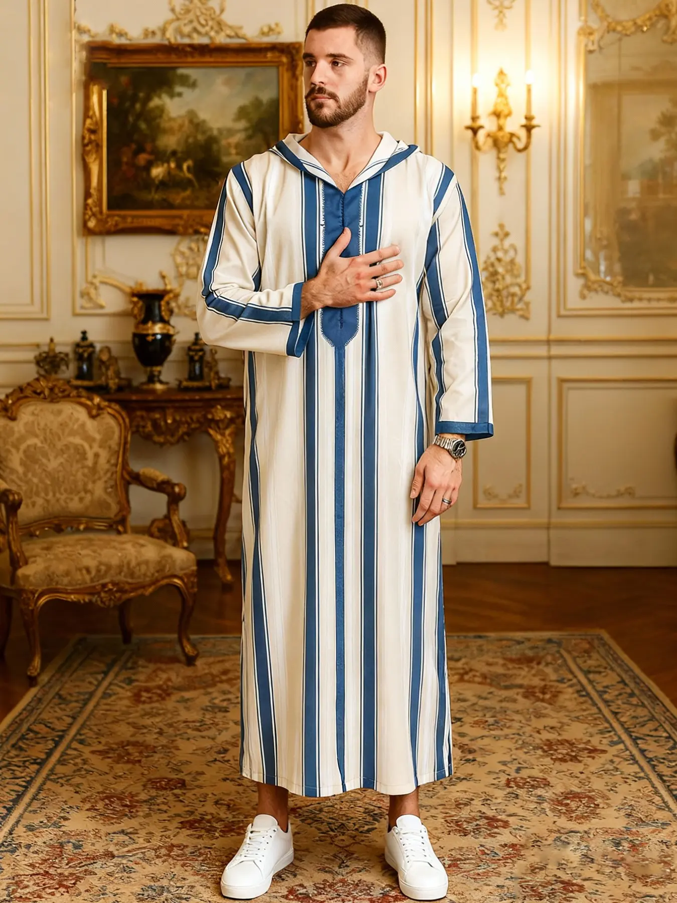 Men's Middle Eastern Traditional Robe, Moroccan Style Hooded Loose Fit Blue Striped Long Gown, Arabic Islamic Casual Clothing, Modesty Thobe, Modest Muslim Thobe, Authentic Saudi Thobe, For Men, Clothes